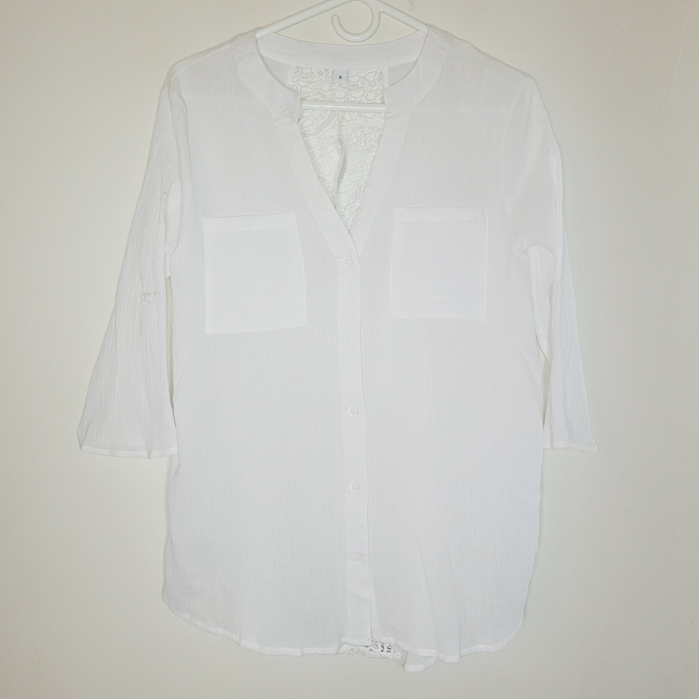 Women's Gauzy Top Small White Hippy 3/4 Sleeve V-neck Pockets Crochet Back Ranch